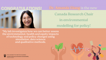 Dr. Amanda Giang is the newly appointed CRC in environmental modelling for policy